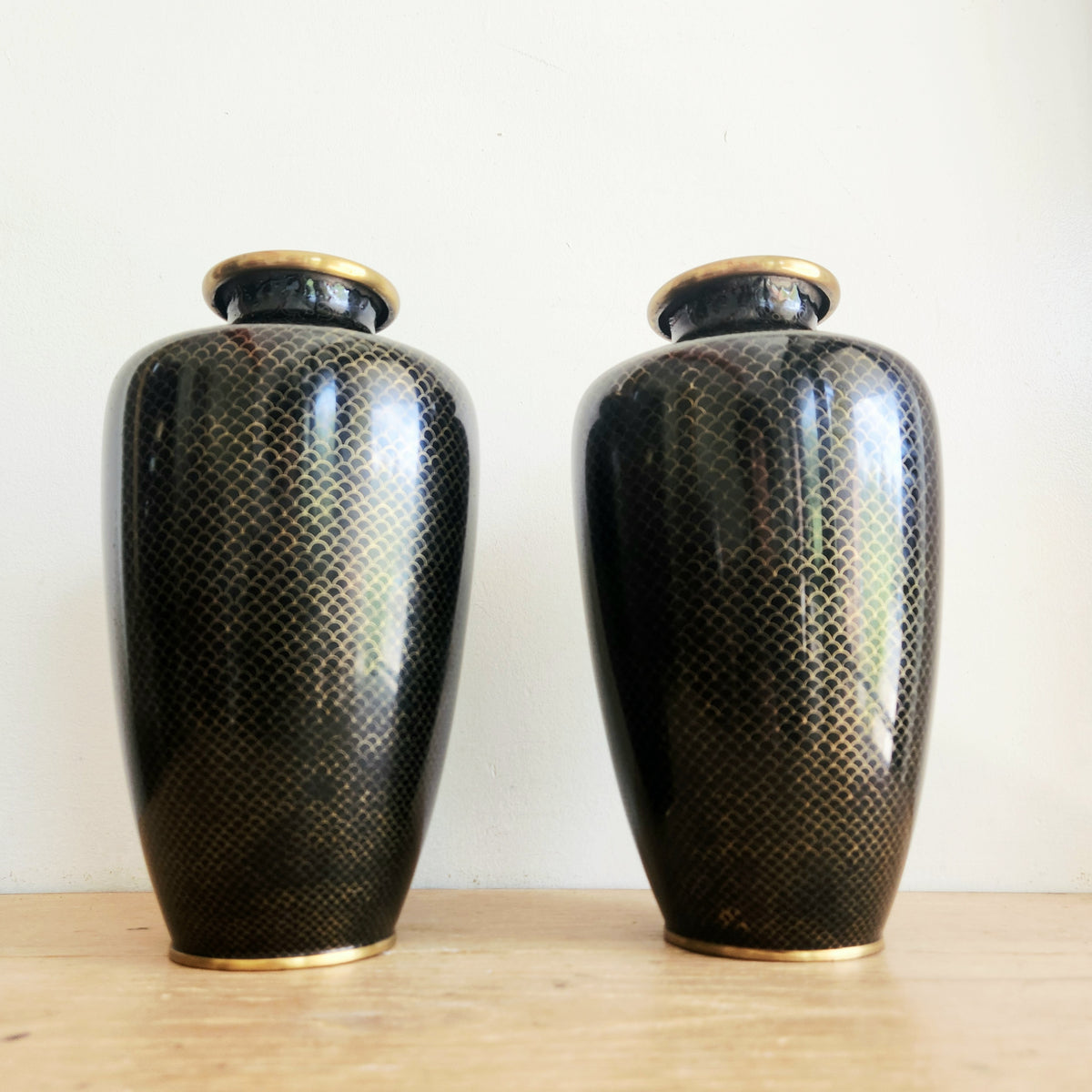 Antique Japanese Black Enamel Cloisonne Fish Scales Vases 11" Set of 2