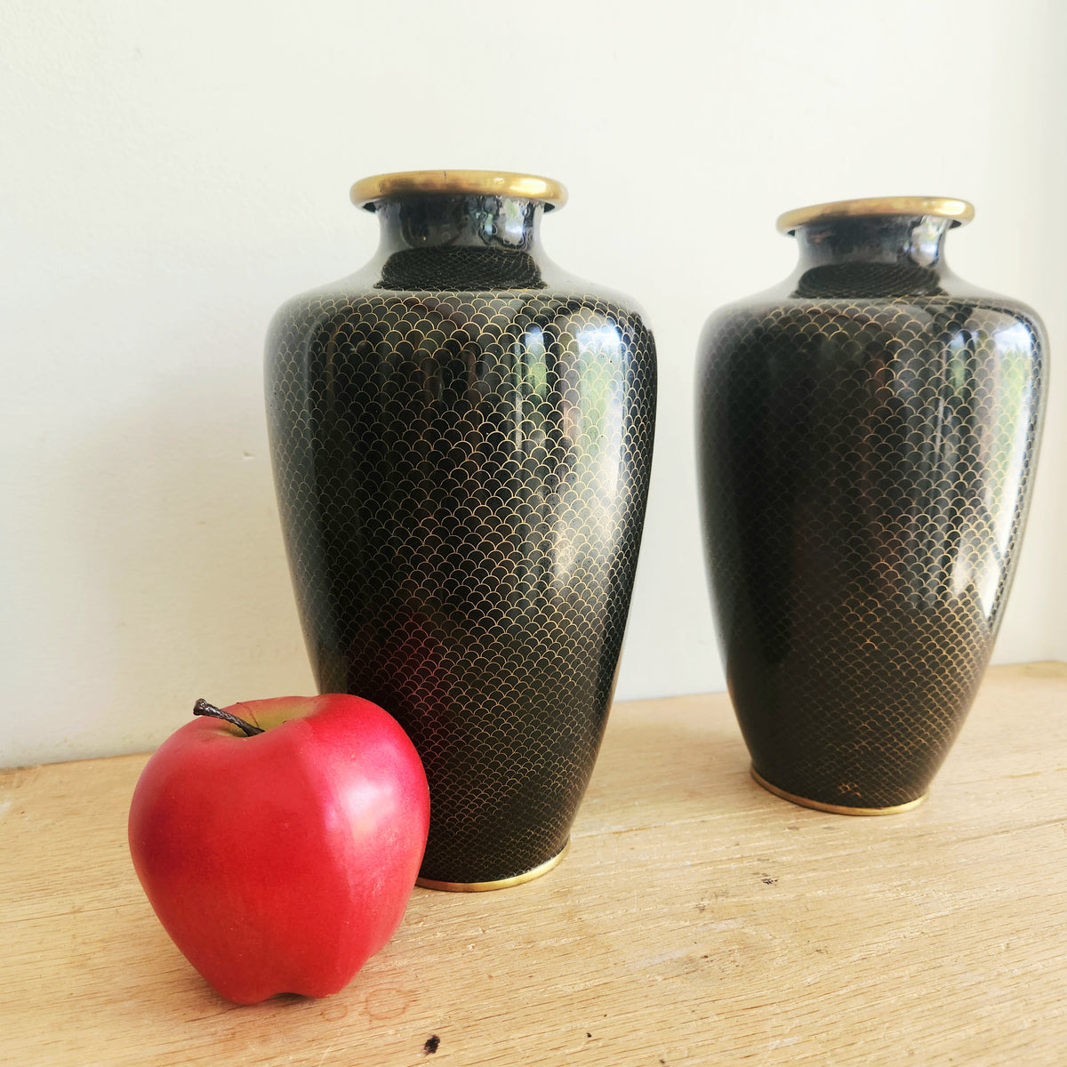 Antique Japanese Black Enamel Cloisonne Fish Scales Vases 11" Set of 2