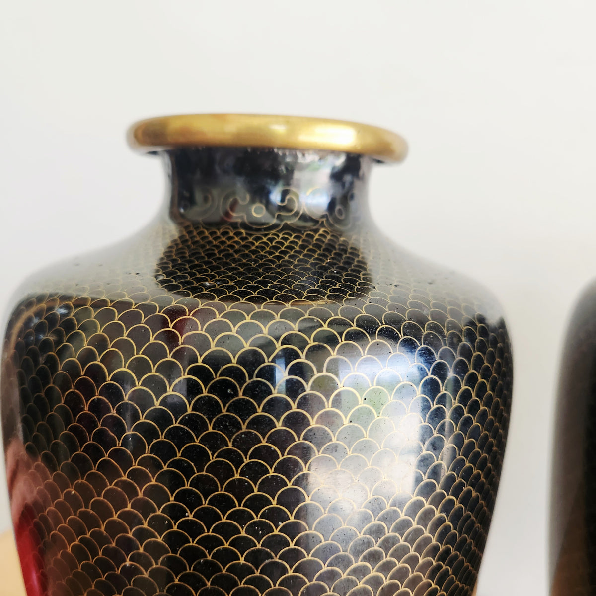 Antique Japanese Black Enamel Cloisonne Fish Scales Vases 11" Set of 2