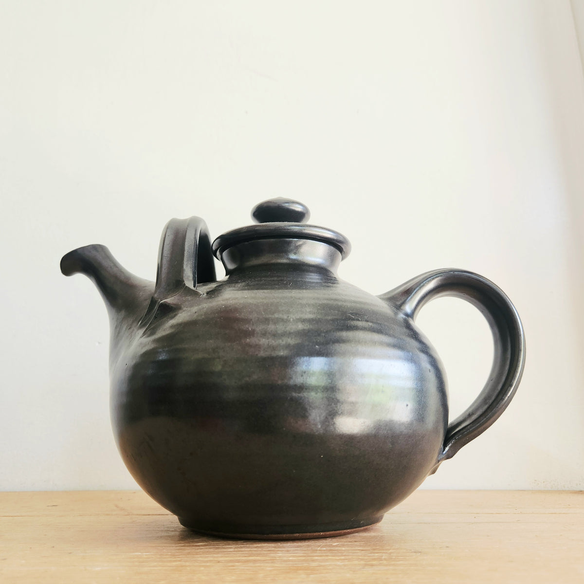 Glazed Stoneware Teapot Black Double Handled Large Size