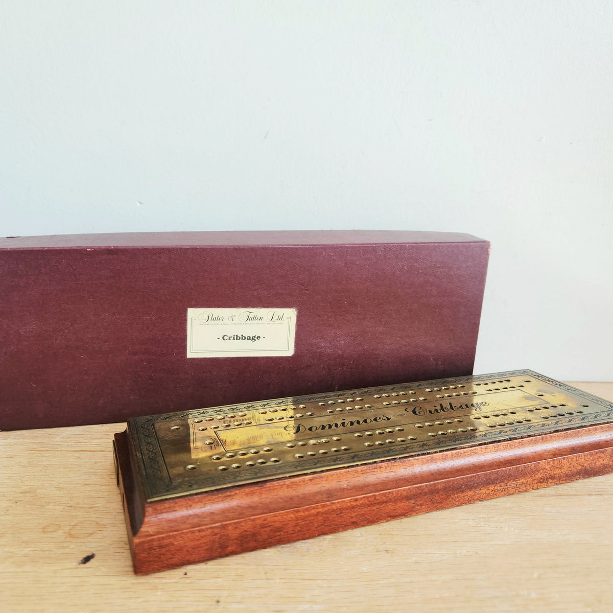 Vintage Wooden Brass Topped Cribbage Board with Box