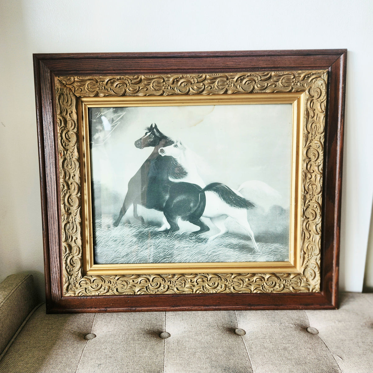Antique Frame with print "Spirited Horses no. 2" by Henri LeRoys Early 1900's 28" x 31"