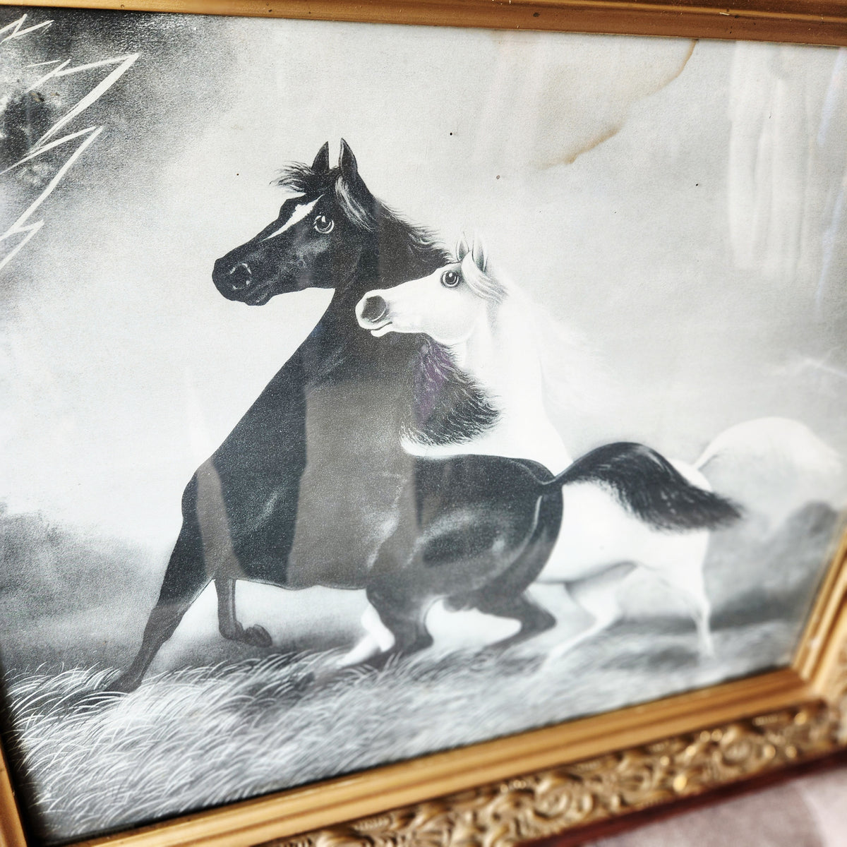 Antique Frame with print "Spirited Horses no. 2" by Henri LeRoys Early 1900's 28" x 31"
