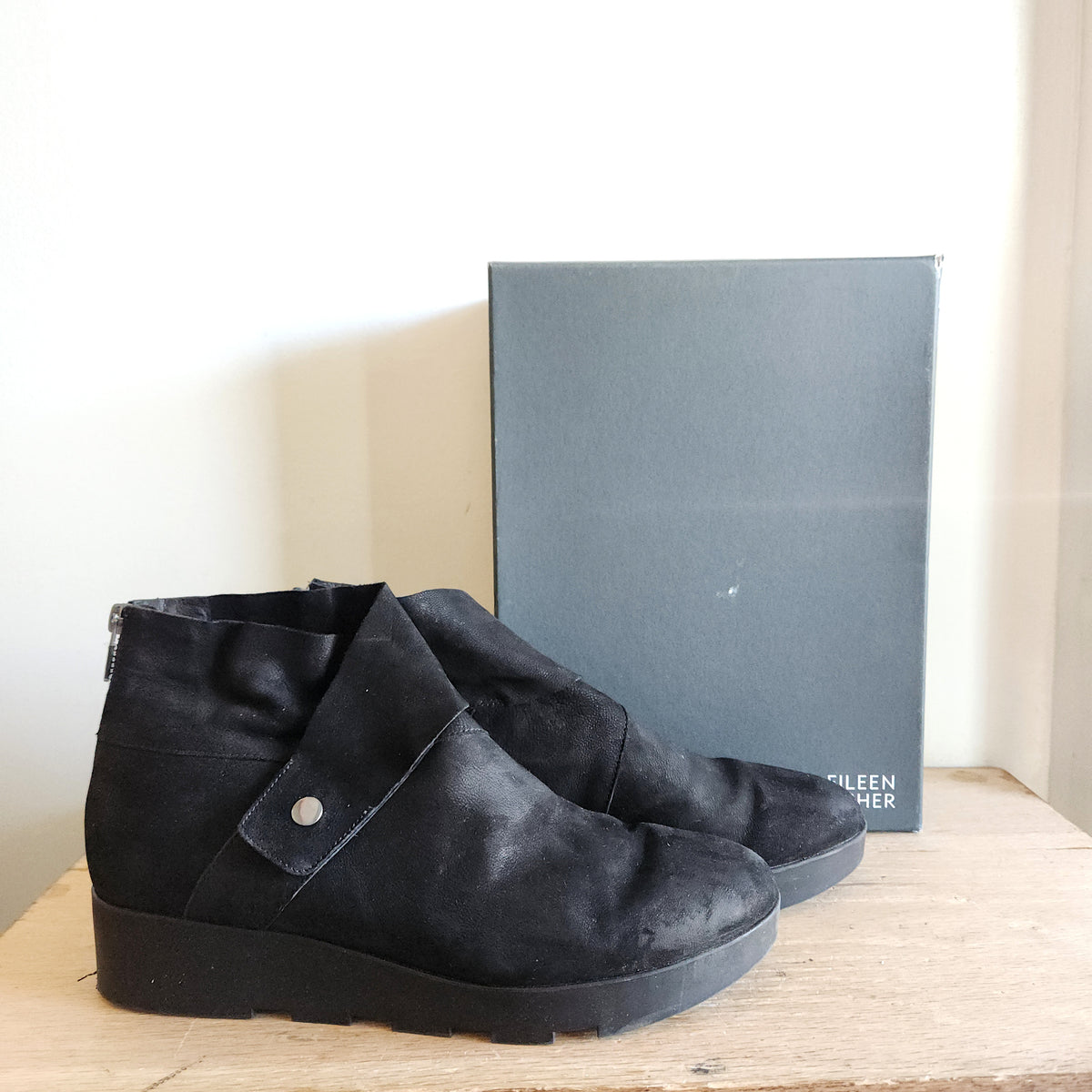Eileen Fisher Black Suede Ankle Boots with Wedge Heel - size 11