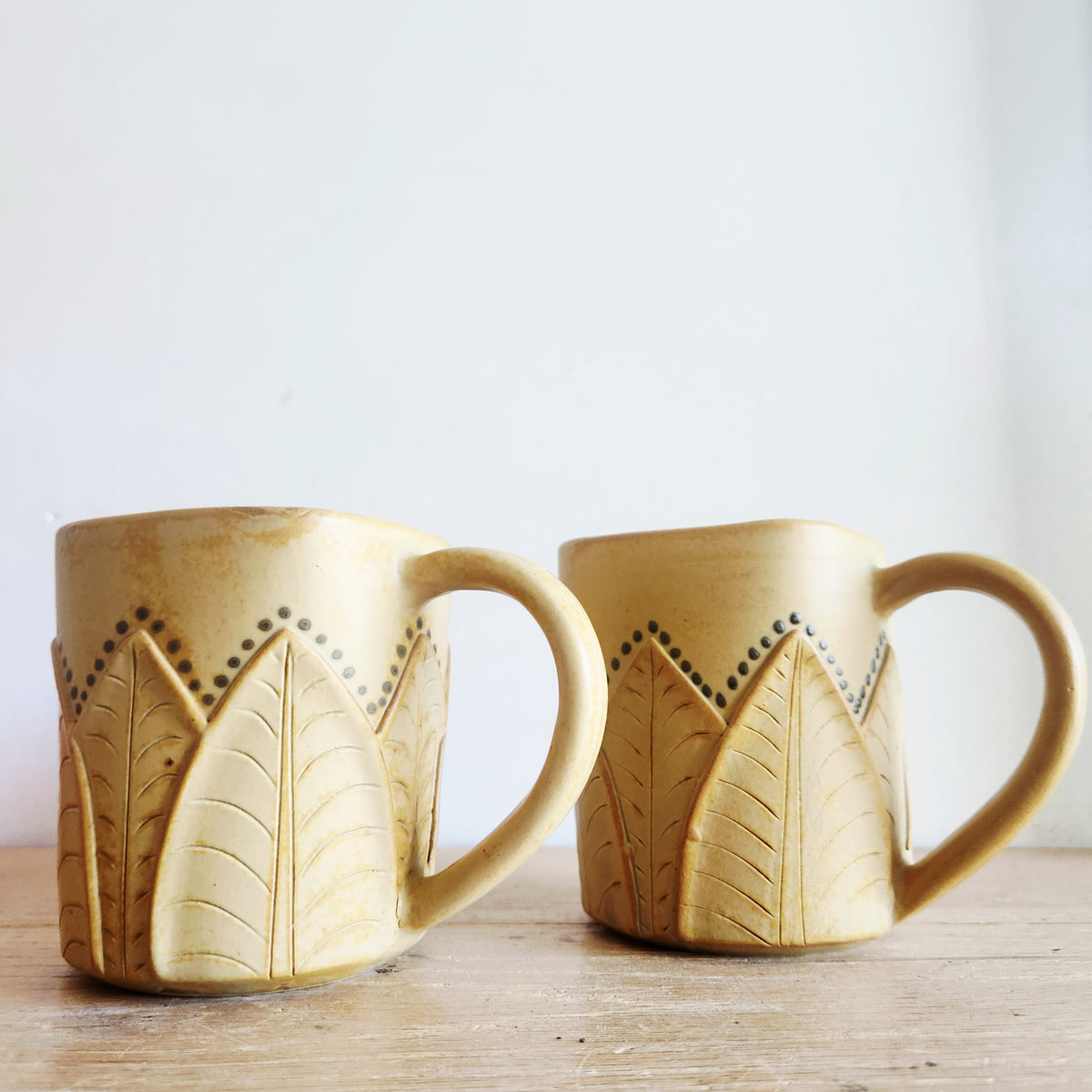 Handmade Pottery Mugs with Leaf Motif Set of 2