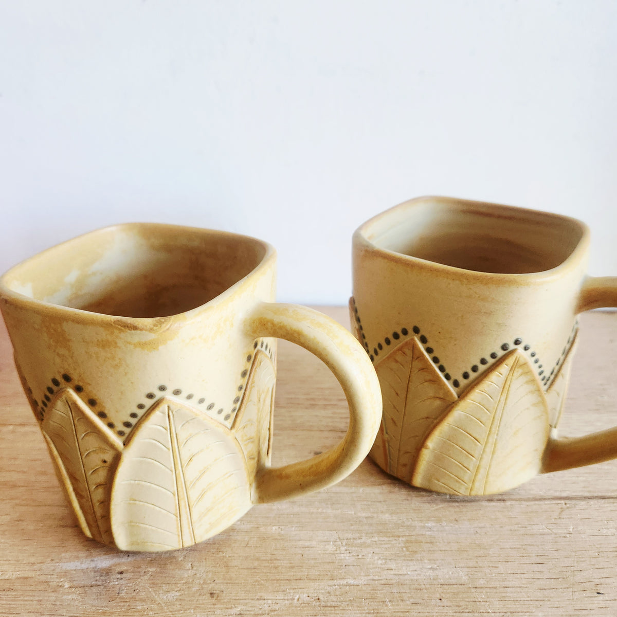 Handmade Pottery Mugs with Leaf Motif Set of 2