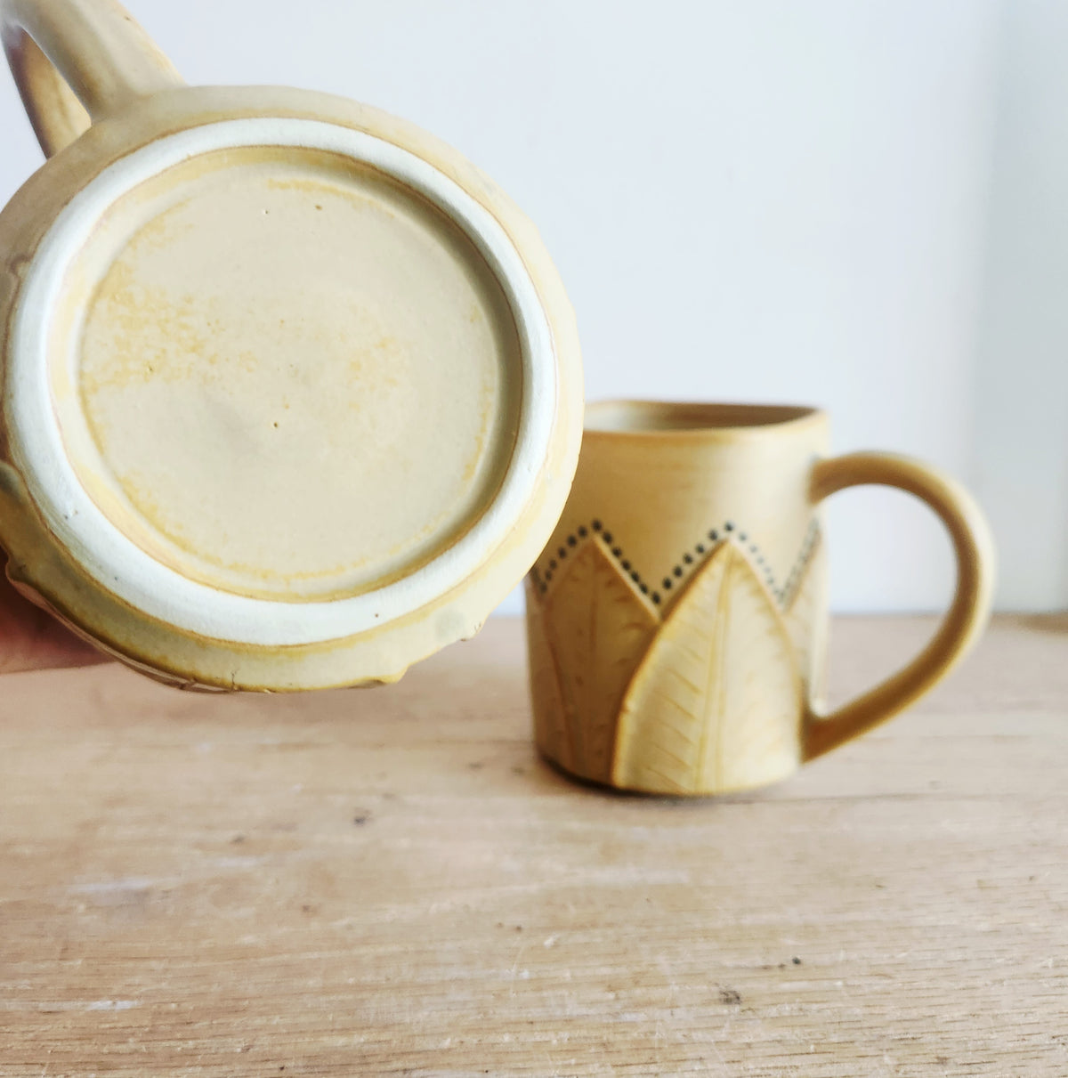 Handmade Pottery Mugs with Leaf Motif Set of 2