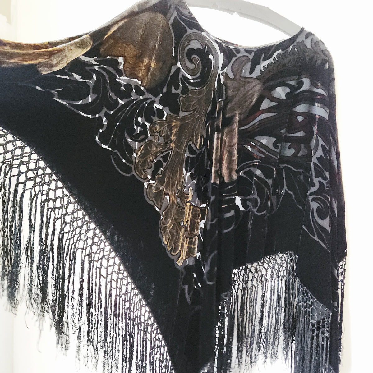 Mulin Velvet Burnout Poncho with Fringe