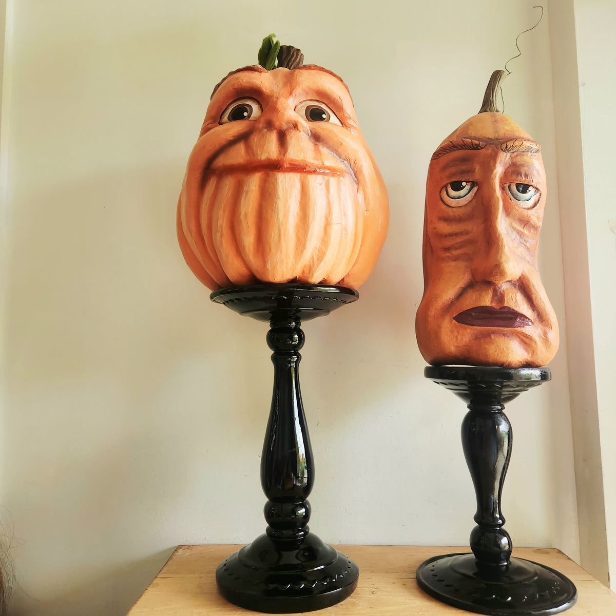 Handpainted Resin Pumpkin Figurines on Black Stands Set of 2