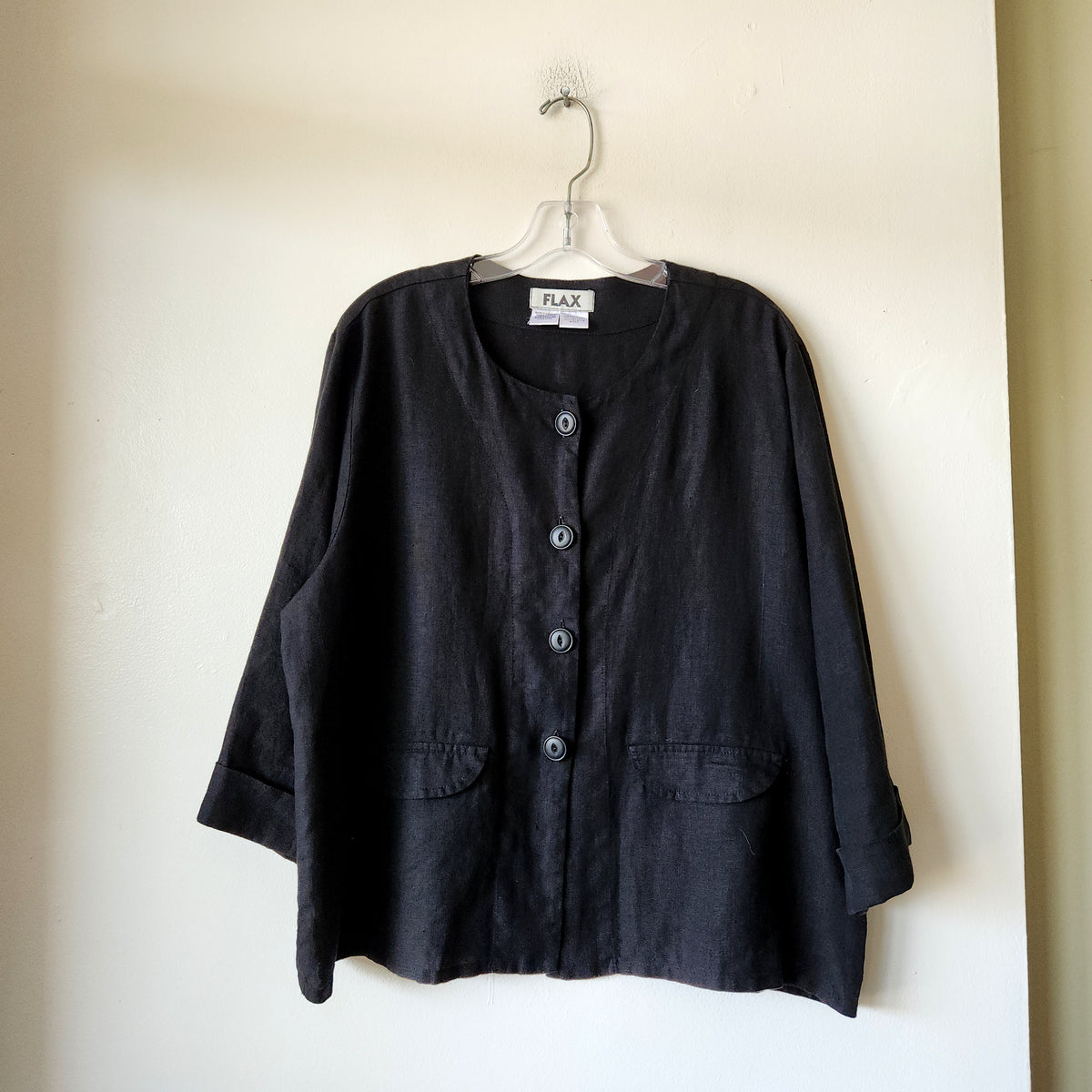 Flax Black Linen Top with Buttons - M