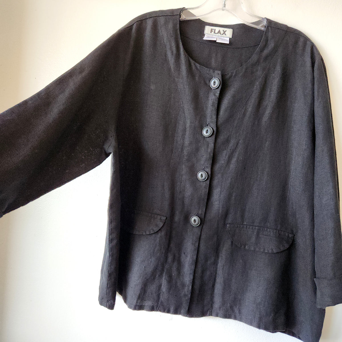 Flax Black Linen Top with Buttons - M