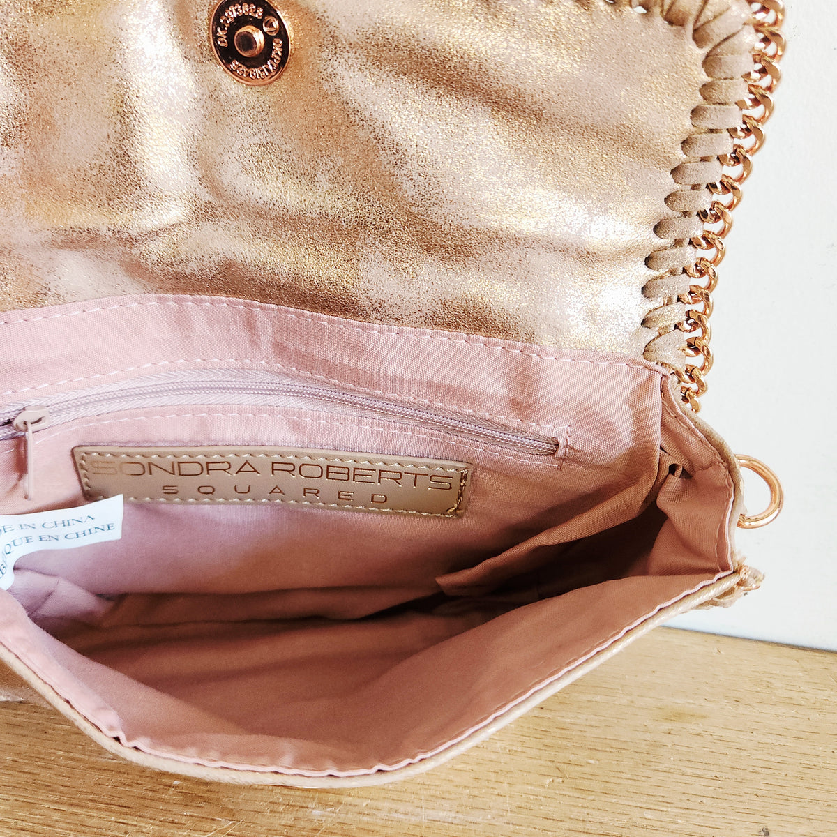 Sondra Roberts Squared Crossbody Purse with Rose Gold Chain Strap & Accents