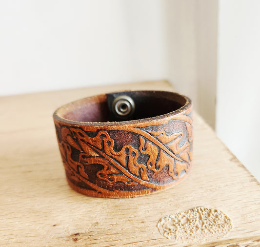 Vintage Tooled Leather Cuff Bracelet with Leaf Motif