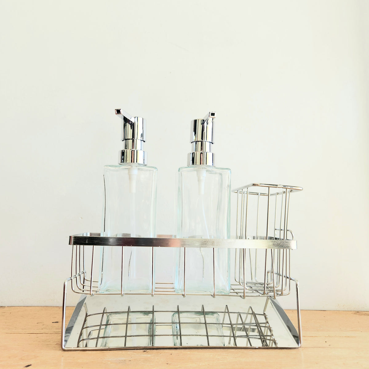 Glass Soap and Lotion Dispenser with Caddy, Tilted Base NEW