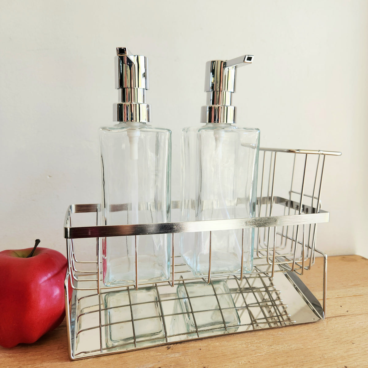 Glass Soap and Lotion Dispenser with Caddy, Tilted Base NEW