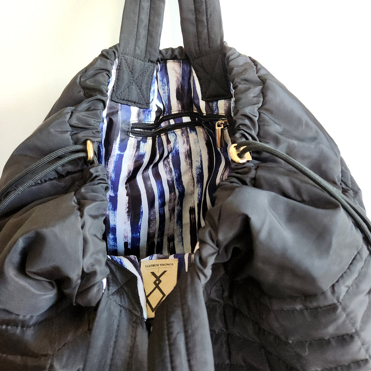 Sondra Roberts Black Quilted Drawstring Tote